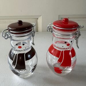 Vintage Set Of 2 Glass Christmas Snowman Jar Flip Metal Wire Bail Lid Latch